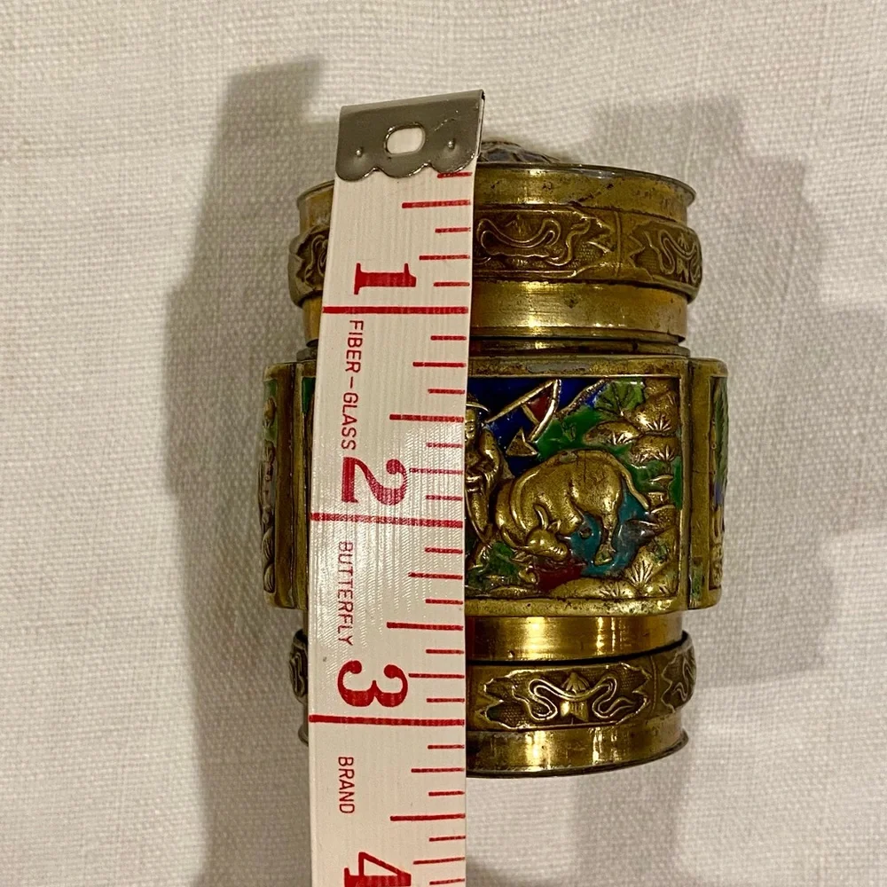 Vintage Chinese brass tea caddy - trinket box - enameled imagery
